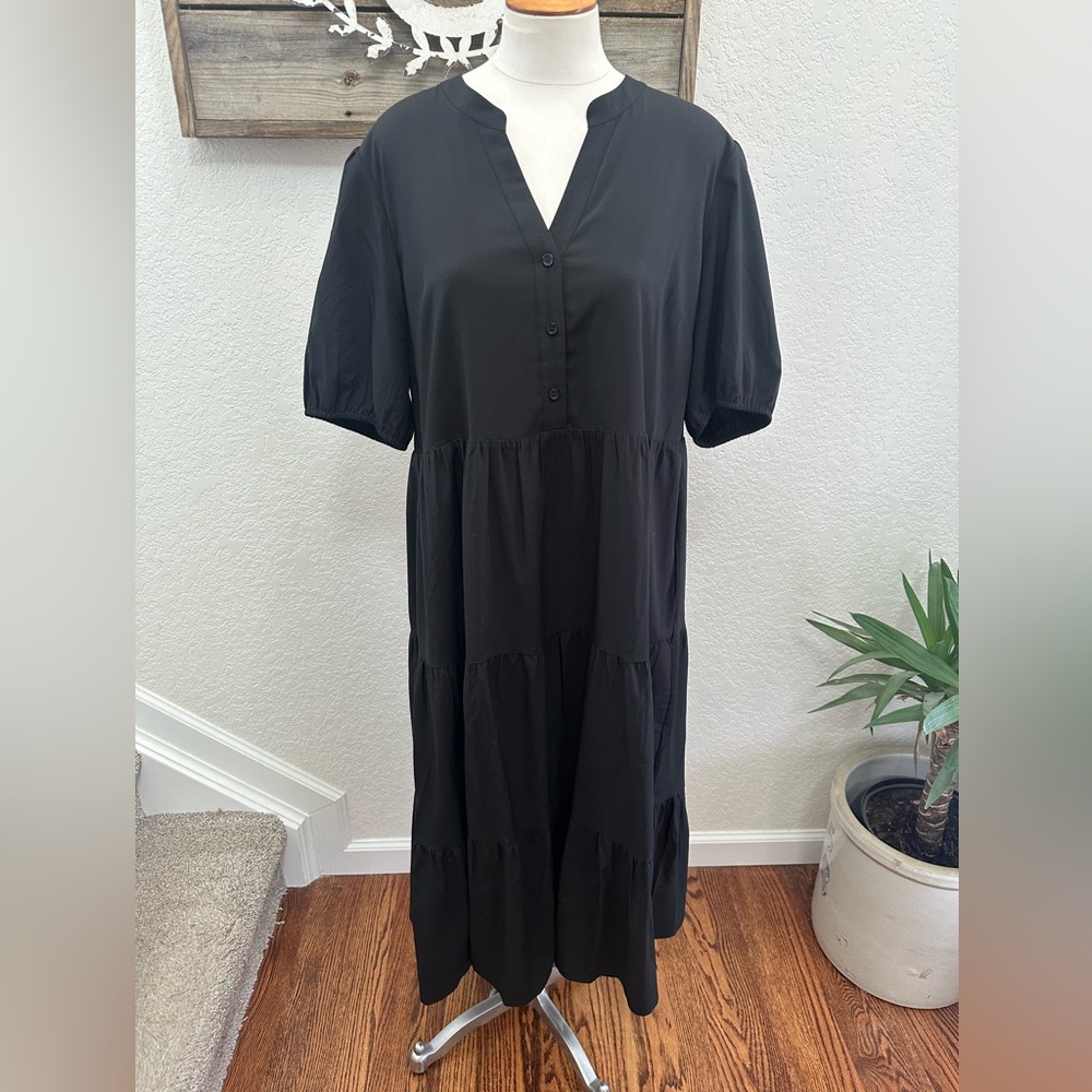 Soft Surroundings Black Tiered‎ V-Neck Midi Dress ladies size Large
